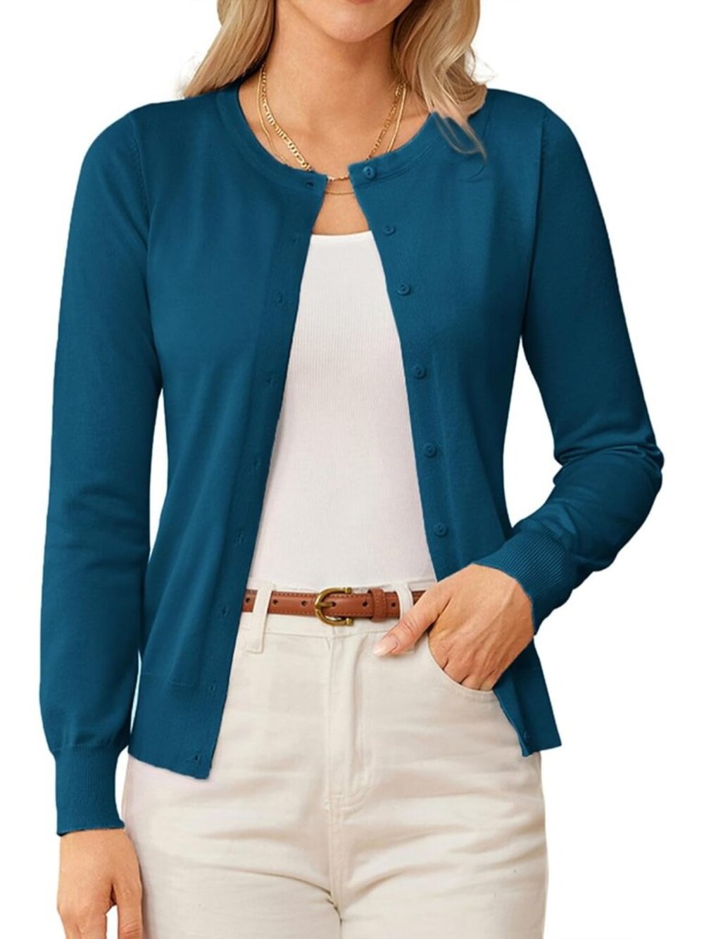 🆕Women's Peacock Blue Crew-neck Knit Cardigan Sweater Lightweight Button Up